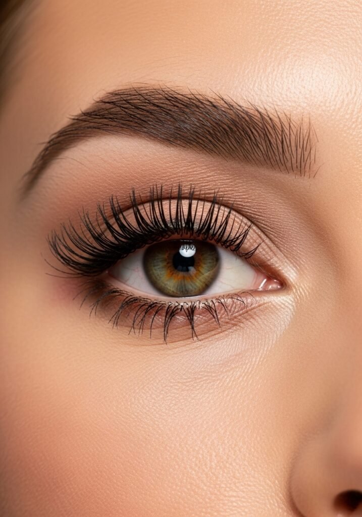 Simple summer eye makeup with neutral shadow, mascara, and groomed brows.