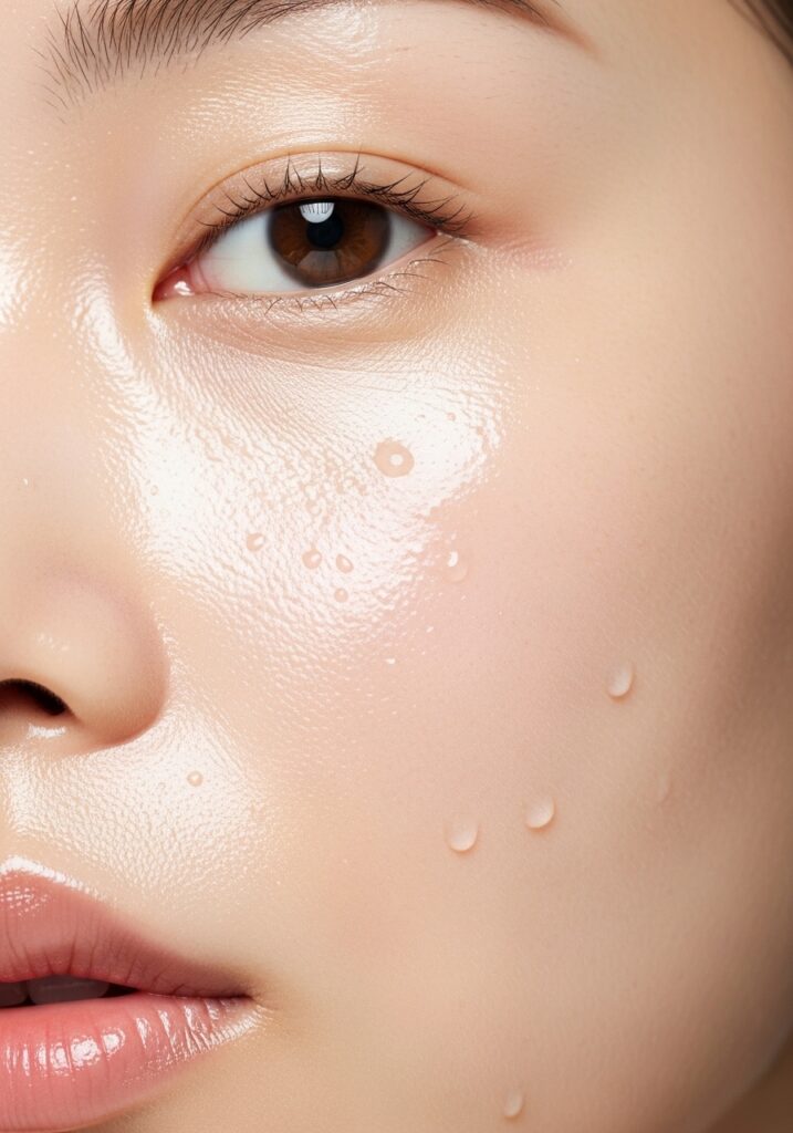 Close-up of glass skin showing ultra-smooth, dewy, and translucent complexion with reflective luminosity and poreless texture.