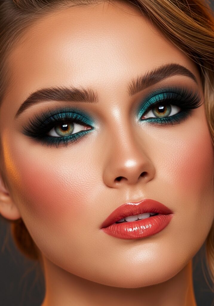 Summer night glam makeup with bold jewel-tone eyeshadow, luminous highlight, and dramatic lashes.