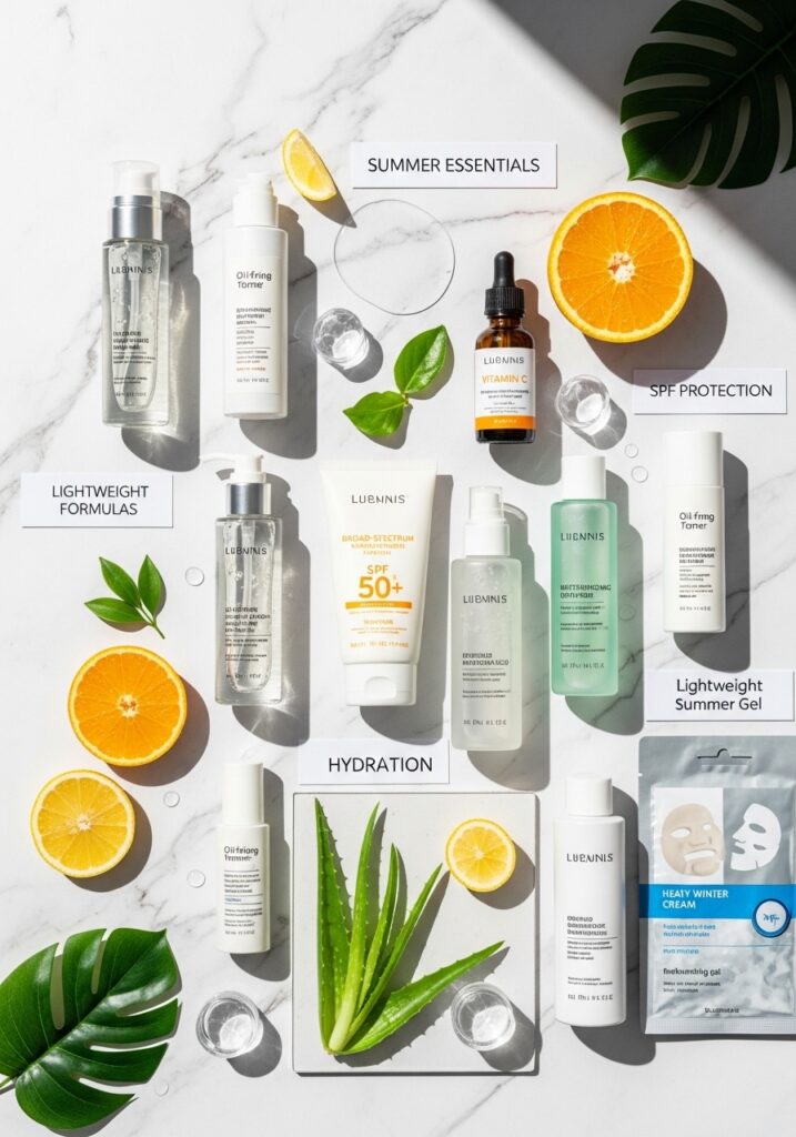 Summer skincare routine products: lightweight moisturizer, SPF sunscreen, vitamin C serum, and hydrating toner on marble surface.