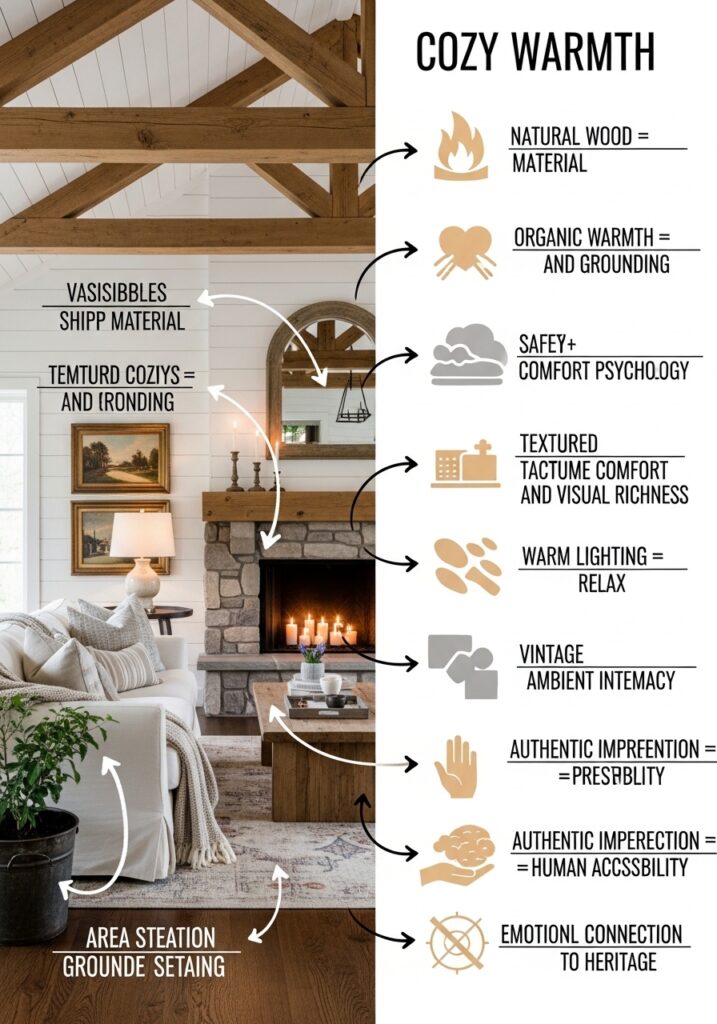 Comprehensive infographic showing farmhouse living room elements and the psychological and sensory reasons each creates coziness including natural materials, warm colors, comfortable furniture, textured layers, warm lighting, authentic details, and emotional connections to heritage.