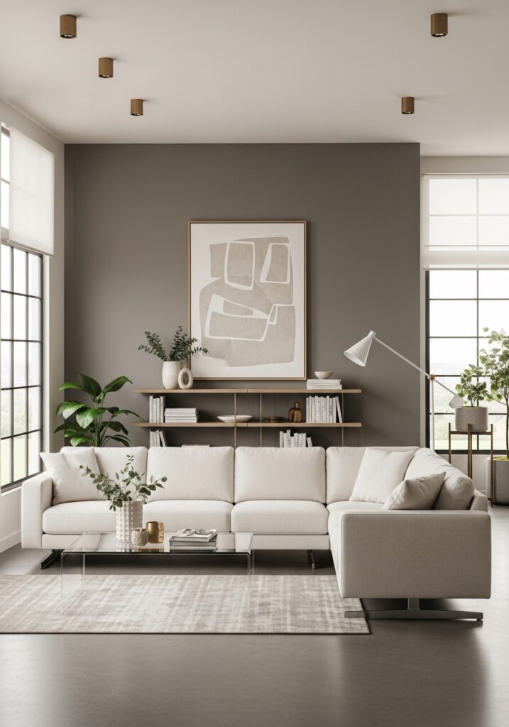 Modern living room with neutral color palette, clean geometric furniture, open sightlines, curated decor, warm lighting, and honest materials exemplifying why modern design creates sleek and stylish spaces.