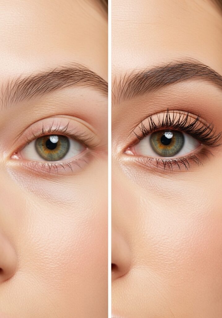 Before and after comparison of simple summer eye makeup impact.