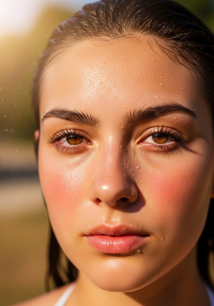 Woman showing visible summer skin challenges including excess oil, sun exposure redness, and sweat on face.