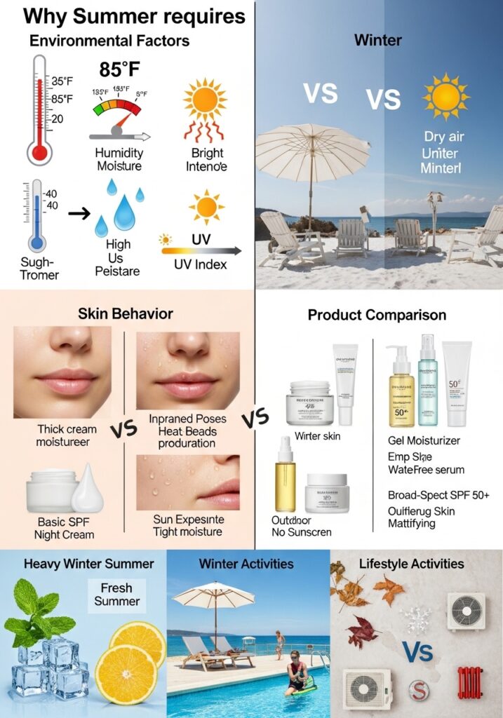 Seasonal skincare comparison showing summer heat, humidity, UV exposure, and lightweight products versus winter conditions and heavy creams.