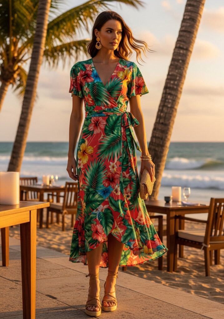 Tropical wrap dress outfit – palm print midi dress for beach vacation dinner at sunset.
