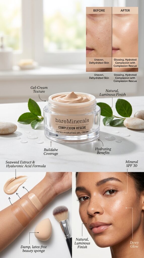 Modern product shot of Bare Minerals Complexion Rescue Tinted Hydrating Gel Cream in sleek jar surrounded by water droplets and hydrating skincare elements, with swatches and before-and-after showing dewy, plump complexion and luminous gel-cream texture on hydrated summer skin.






