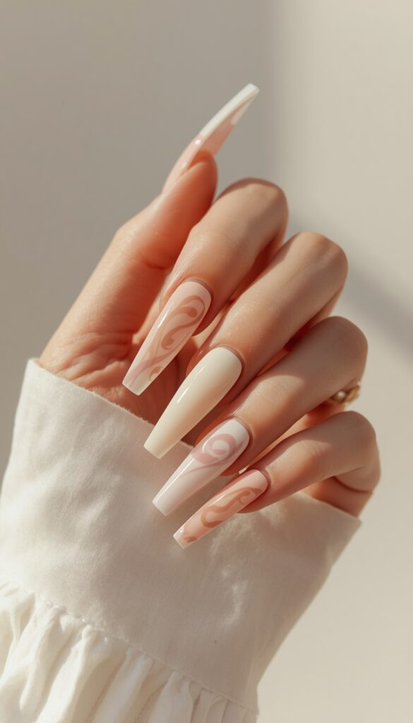 Close-up of coffin nails with abstract swirl designs, soft flowing patterns, glossy finish, and a modern artistic aesthetic