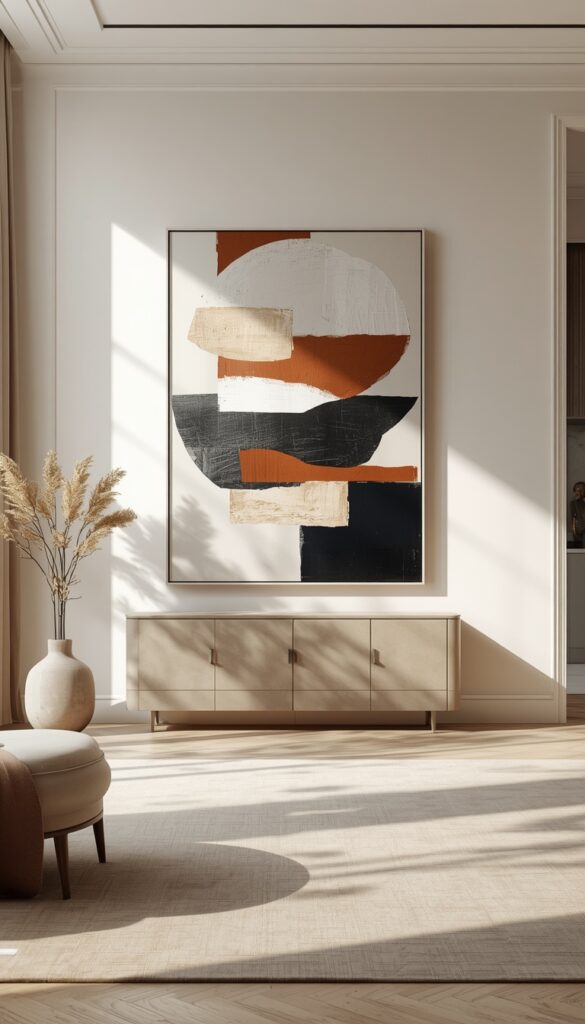 Modern interior with abstract or geometric artwork, bold shapes, neutral backdrop, and soft natural lighting