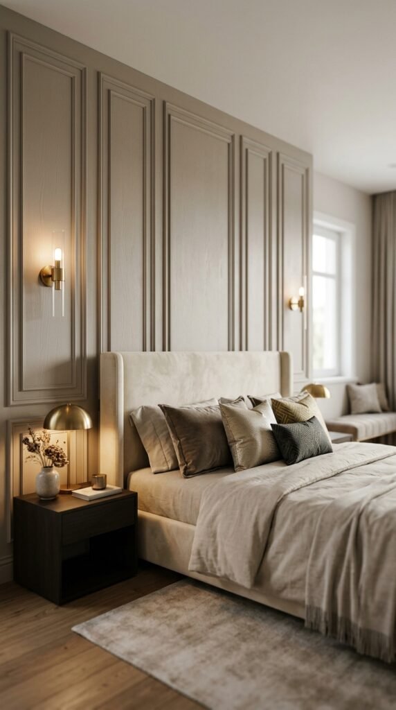 Glam bedroom with an accent wall featuring panel molding or wallpaper, soft lighting, neutral tones, and a refined luxurious aesthetic