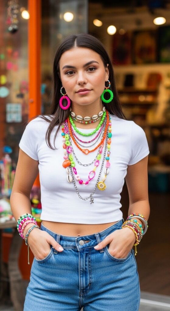 Y2K maximum accessories outfit with layered jewelry and hair clips over simple basics.