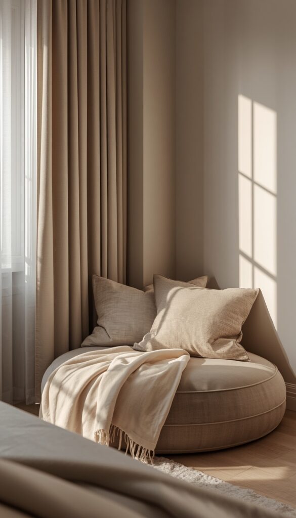 Cozy reading nook with a comfortable chair, soft cushions, layered textiles, and warm natural lighting creating a relaxing atmosphere