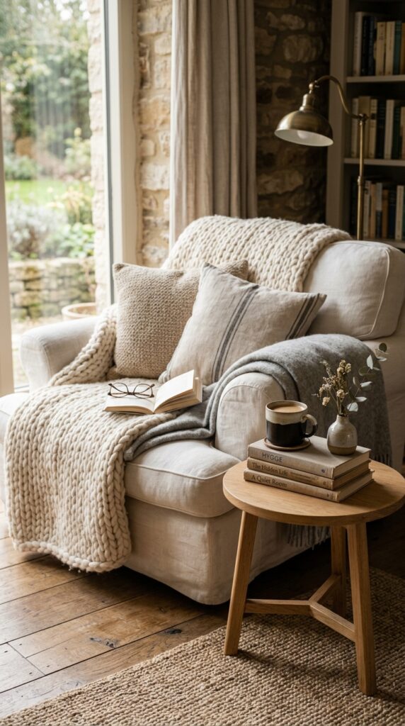 Cozy reading nook with a small side table holding books and coffee, comfortable chair, soft lighting, and a warm inviting aesthetic