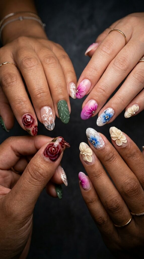 Collection of hands showcasing advanced floral nail art techniques including dimensional layering, negative space designs, textured elements, gradient blending, mixed media, and 3D sculpted flowers.