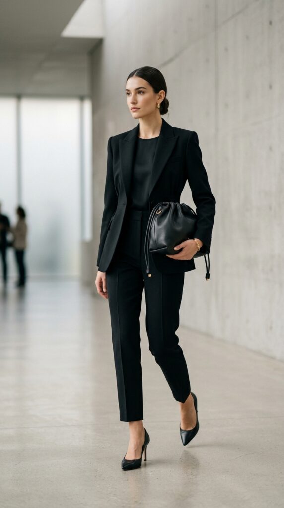 Model in an all-black outfit with a drawstring pouch bag, sleek silhouette, and a modern chic aesthetic