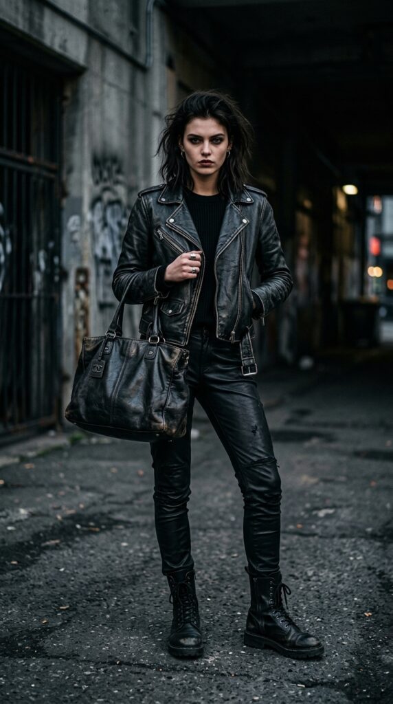 Model in an all-black edgy outfit with a worn designer bag, bold styling, dark tones, and a modern rebellious aesthetic