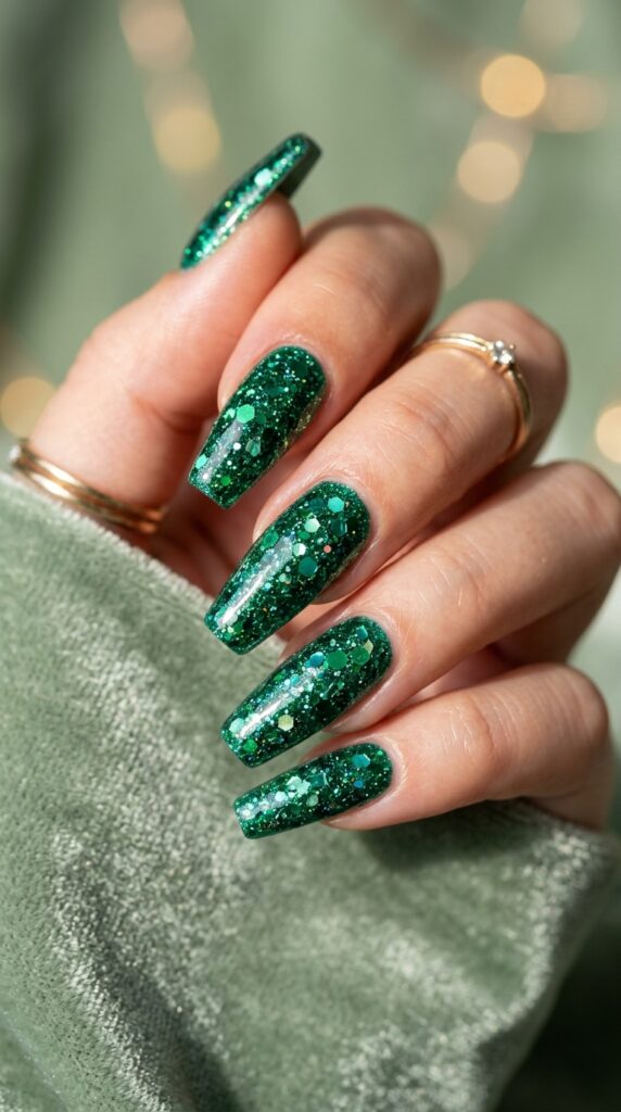 Dazzlingly manicured coffin-shaped nails completely covered in densely packed emerald green glitter featuring multiple shades and particle sizes creating a multifaceted gemstone-like sparkle, photographed against a soft sage green bokeh background.