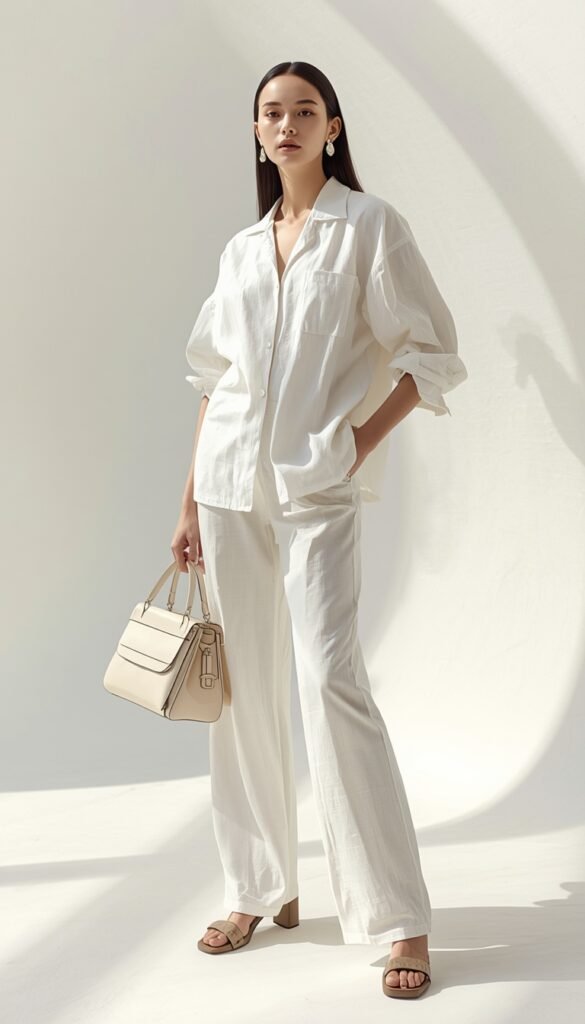 Woman in an all-white minimalist outfit with a structured bowling bag, soft natural light, and a clean modern aesthetic