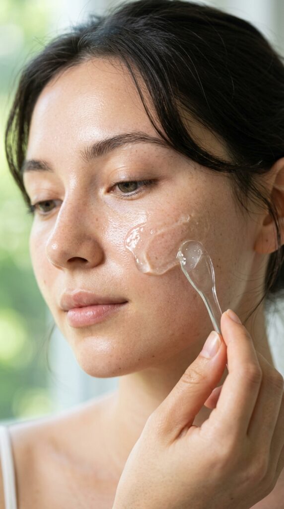 Close-up of a woman applying aloe vera gel for soothing skin, dewy glow, and a fresh natural skincare aesthetic