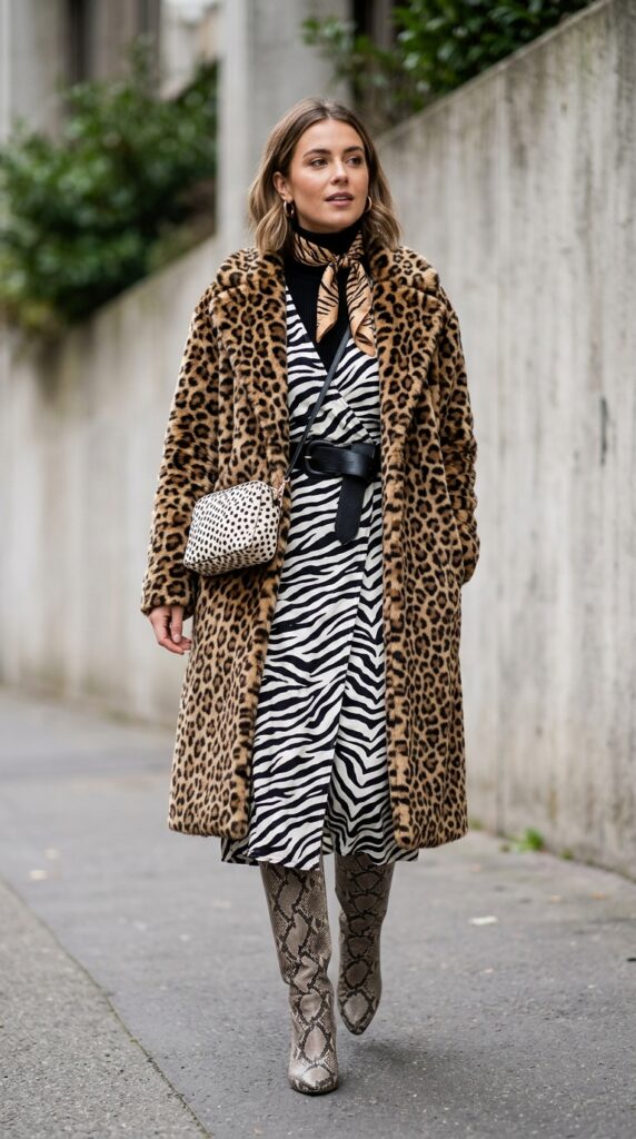 Animal print outfit featuring bold leopard, zebra, and patterned pieces, creating a trendy, eye-catching, and fashion-forward statement look
