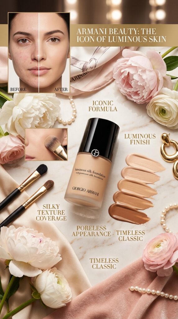 Luxurious product shot of Giorgio Armani Beauty Luminous Silk Foundation in elegant premium bottle surrounded by silk fabrics, gold accents, and luxury elements, with swatches on diverse skin tones and a woman's stunningly luminous, poreless complexion demonstrating the iconic silky finish and natural radiance.







