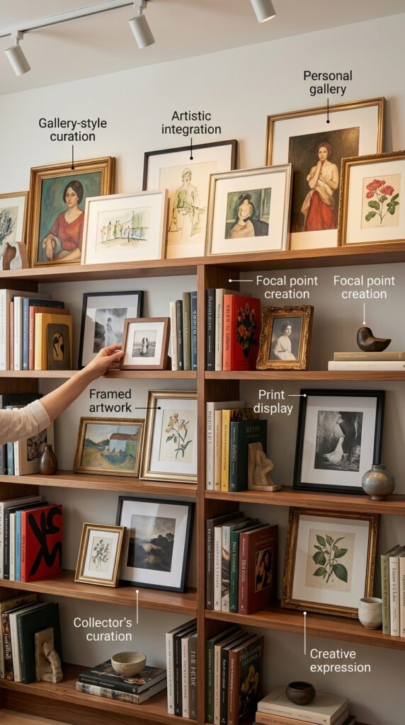 Sophisticated gallery-style bookshelf beautifully integrating framed artwork, prints, paintings, and photographs alongside books in varied sizes and styles, with artwork and books functioning as focal points in a curated personal art gallery display celebrating creative expression and artistic taste.






