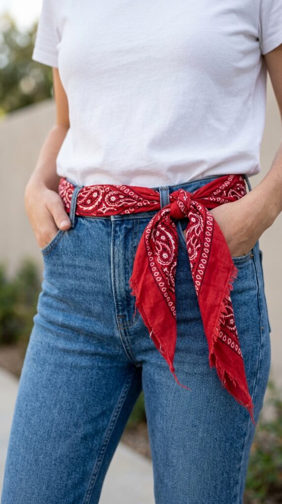 Bandana styled as a belt around the waist, creating a trendy, casual, and effortlessly chic outfit detail with a modern boho vibe