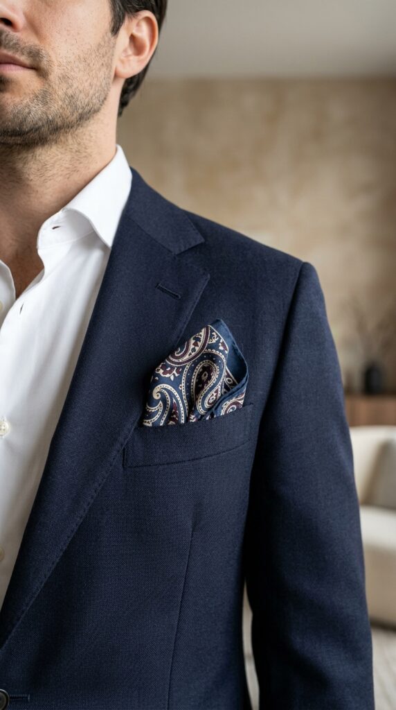 Bandana styled as a pocket square in a blazer, creating a chic, modern, and stylish accessory detail for a polished outfit