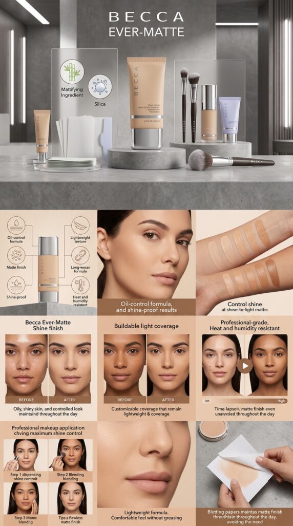 Modern product shot of Becca Ever-Matte Shine Proof Foundation in sleek professional bottle surrounded by oil-control elements and blotting papers, with before-and-after comparison and swatches showing refined matte finish, oil-control benefits, and shine-proof coverage throughout heat and humidity.






