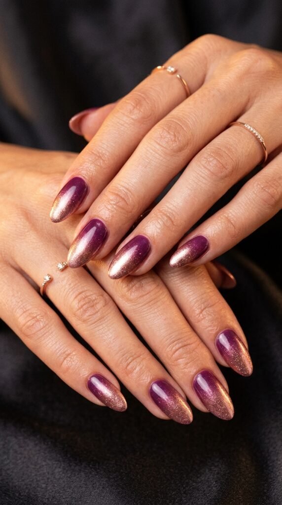 Berry purple to rose gold ombre gradient nails with sophisticated transition from rich berry base to luxurious rose gold tips for elegant summer evening nail art.