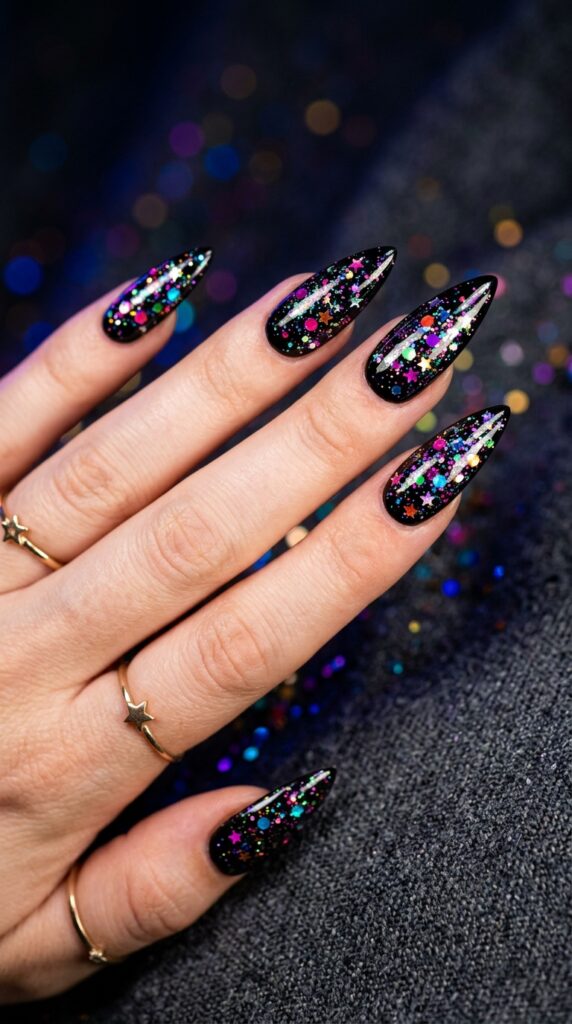 Strikingly manicured stiletto nails featuring a glossy jet black base covered in vibrant multicolor glitter including electric blue, hot pink, purple, orange, green, yellow, and silver in various sizes, photographed against a dark charcoal background with multicolor bokeh.