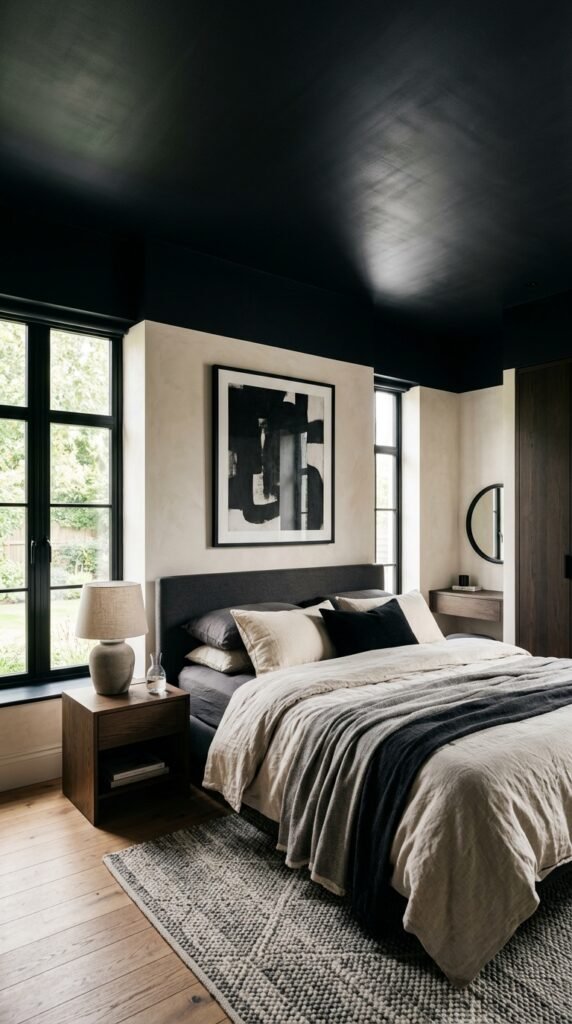 Bedroom with a black ceiling creating dramatic contrast, soft lighting, neutral decor, and a bold modern aesthetic