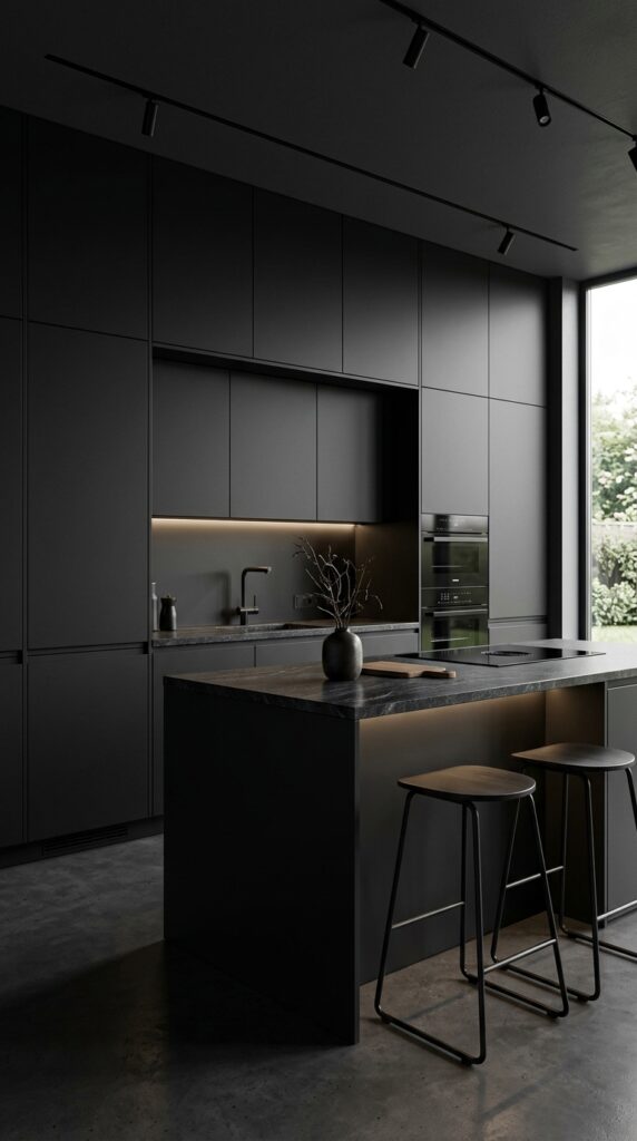 All-black matte cabinet kitchen with a sleek modern design, creating a bold, luxurious, and minimalist interior aesthetic
