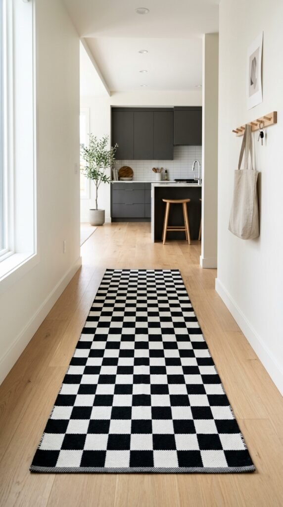 Classic black and white checkered runner rug creating a bold, timeless, and modern statement in a clean interior space