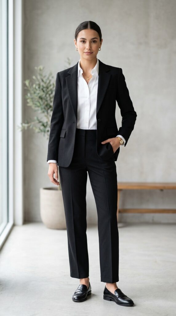 Structured blazer and white shirt outfit creating a clean, polished, and timeless look with a modern minimalist fashion aesthetic