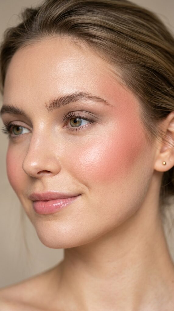 Blush draping technique with blush blended from cheeks to temples, creating a lifted and radiant summer makeup look