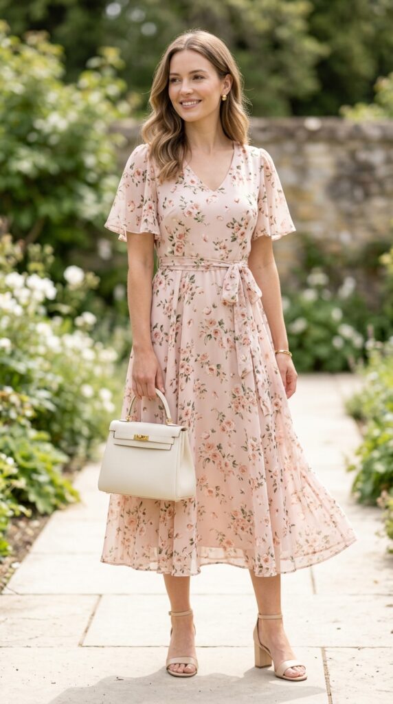 Blush floral midi dress paired with an ivory top-handle bag, creating a soft, feminine, and elegant outfit with a romantic and chic aesthetic