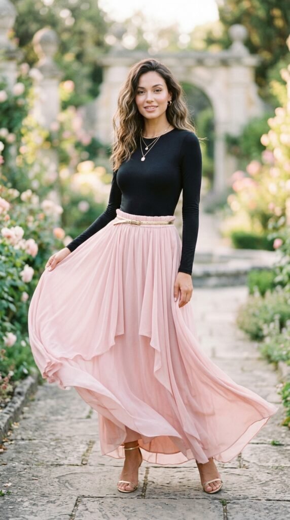 A sleek fitted black long-sleeved bodysuit paired with a voluminous blush pink chiffon maxi skirt, accessorized with delicate gold heeled sandals and layered gold jewelry for a graceful feminine and effortlessly romantic sophisticated look.