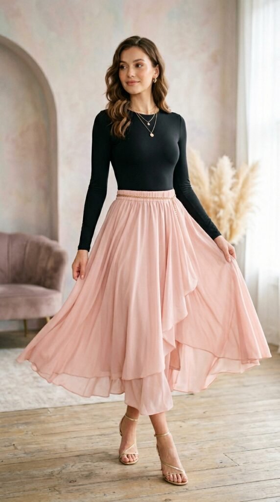 A sleek fitted black long-sleeved bodysuit paired with a voluminous chiffon midi skirt in soft blush or jewel tone, styled with delicate gold heeled sandals, a gold waist belt, and layered gold jewelry for a graceful feminine and effortlessly romantic look.