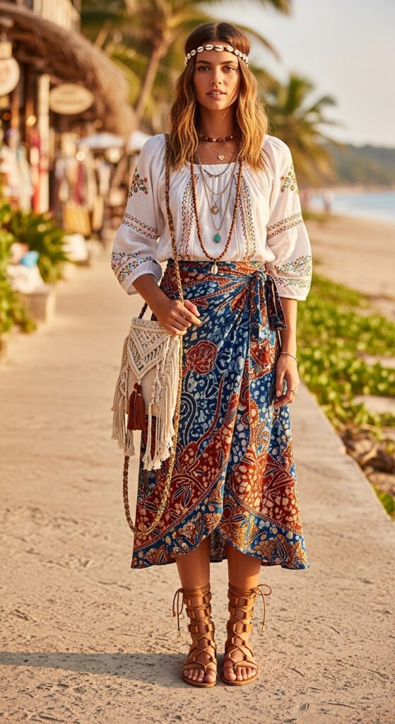 Boho beach wanderer outfit with embroidered top and batik wrap skirt.