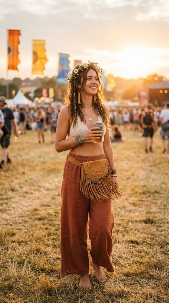 "Woman wearing a woven suede fringe belt bag on her hips styled with flowy rust wide-leg pants, a crochet bralette, and gold body chains for a boho festival vibe look."






