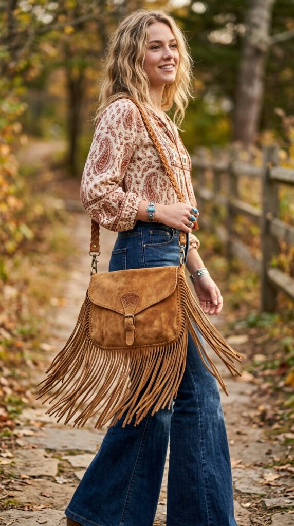 1970s boho fringe leather satchel with earthy tones and flowing fringe, creating a relaxed, vintage, and effortlessly stylish bohemian fashion look