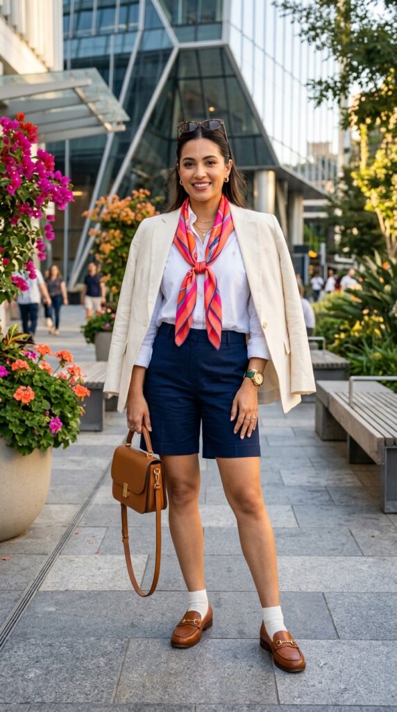Woman wearing a bold color block preppy outfit featuring a white button-down shirt, navy tailored shorts, cream linen blazer, cognac loafers, and a vibrant coral silk scarf with gold jewelry, standing in a modern urban setting with contemporary architecture and flowering plants.






