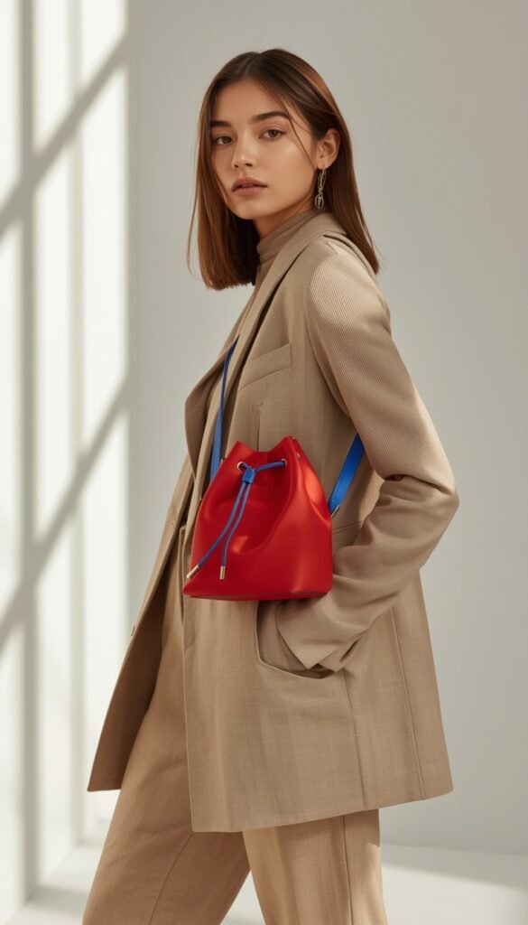 Model in a neutral outfit with a bold colored drawstring pouch bag, strong contrast, modern style, and a statement fashion aesthetic