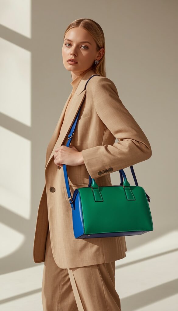 Model in a neutral outfit with a bold colored bowling bag, strong contrast, modern style, and soft natural lighting
