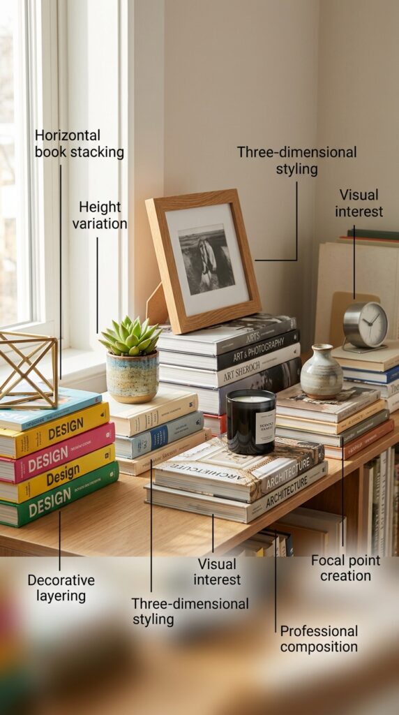 Stylish bookshelf featuring horizontally-stacked books in varied heights topped with decorative objects including plants, sculptures, framed artwork, and boxes, creating dynamic height variation, visual interest, sophisticated layering, and three-dimensional focal points throughout the display.




