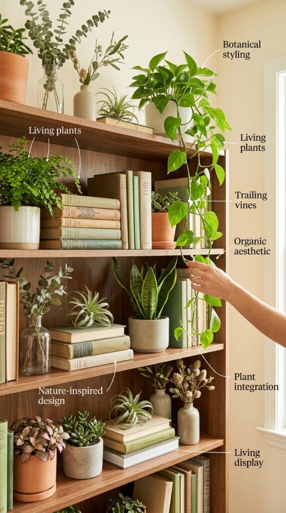 Lush bookshelf beautifully integrated with botanical elements and living plants including potted plants in varied sizes, trailing vines cascading over edges, air plants, fresh branches, and eucalyptus sprigs creating a fresh, vibrant, nature-inspired display with organic movement and natural texture.





