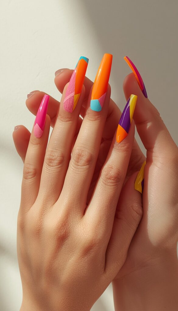 Close-up of coffin nails with bright color block design, bold vibrant shades, glossy finish, and a trendy summer aesthetic