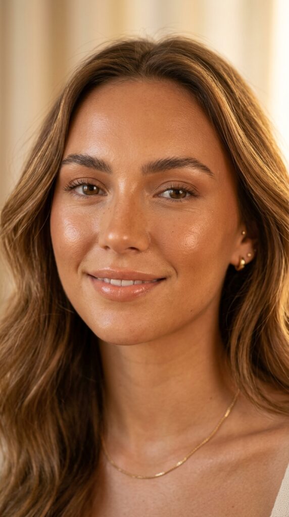 Sun-kissed bronze glow makeup with warm bronzer, radiant dewy skin, and a natural summer glow aesthetic