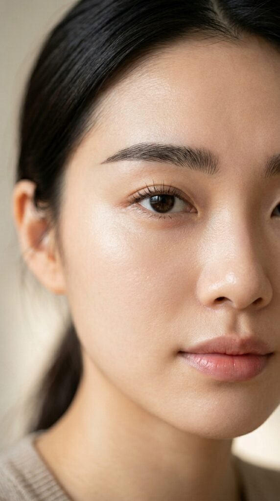 Straight brows with a soft flat shape and natural grooming, creating a clean, youthful, and modern eyebrow look